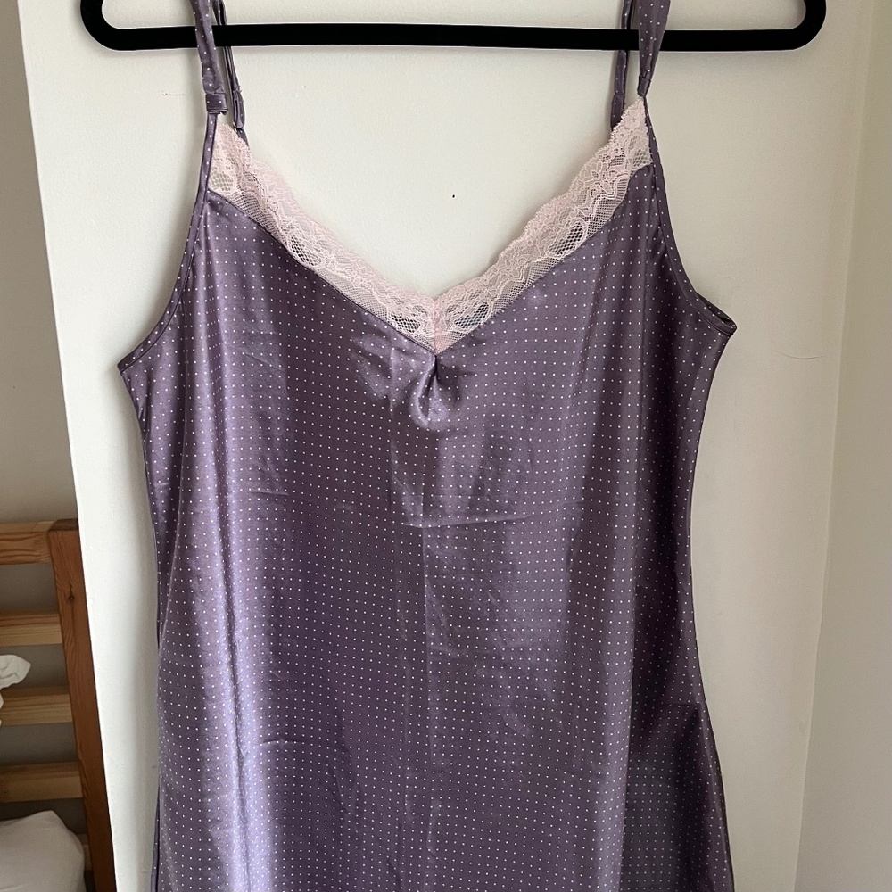 VINTAGE Jessica purple polka dot lace midi slip dress
